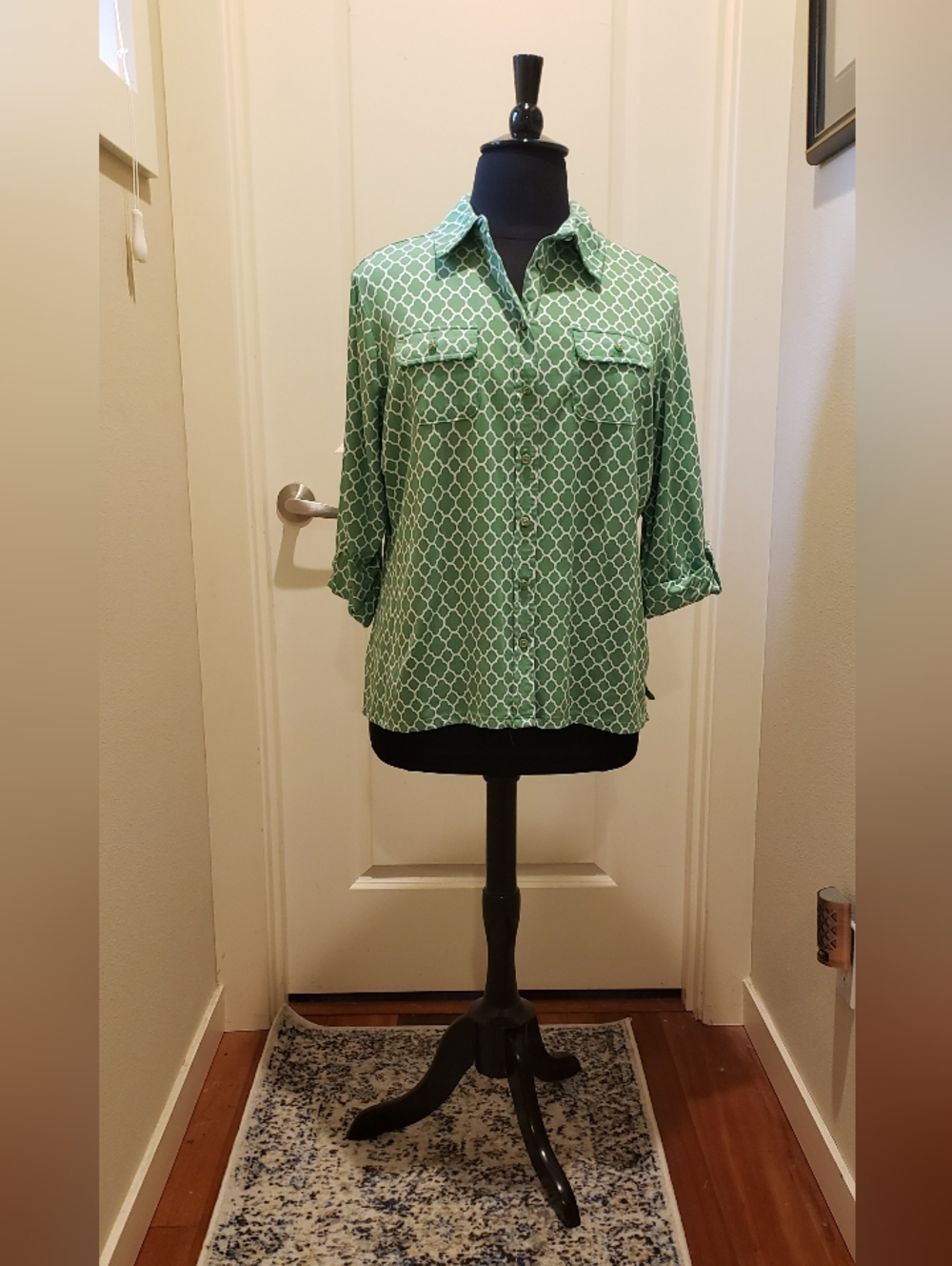 Charter Club Women's Green Geometric Button-Down Short Sleeve Shirt